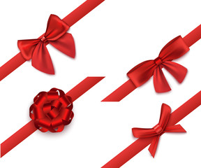 Set of ribbons tied on different bows, realistic vector illustration isolated.