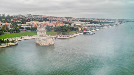 Aerial view of Belem Tower (Torre de Belem), Lisbon, Portugal.