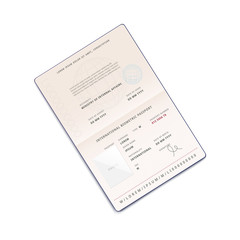Travel passport open on identification page, 3d vector illustration isolated.