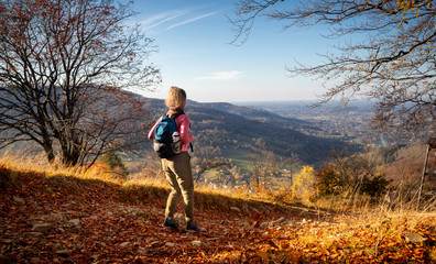 Hiker young woman with backpack rises to the mountain top on mountains landscape background