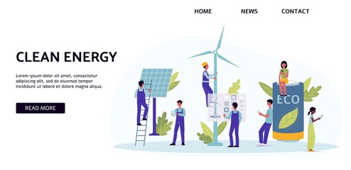Clean energy banner template with people characters illustration isolated.