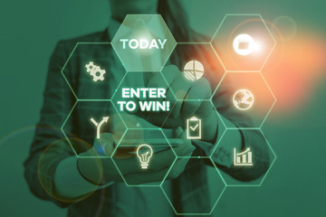 Handwriting text Enter To Win. Conceptual photo exchanging something value for prize or chance of winning Woman wear formal work suit present presentation using smart latest device