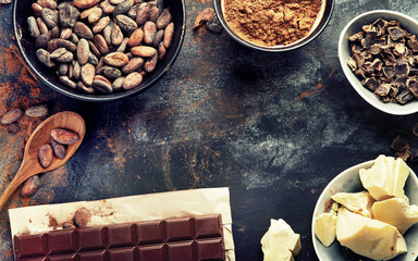 Cacao beans, powder, cacao butter  and chocolate bar