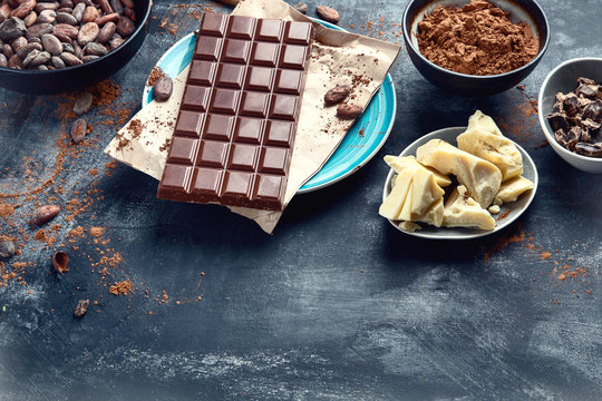 Cacao beans, powder, cacao butter  and chocolate bar