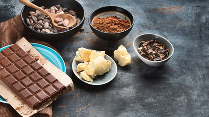 Cacao beans, powder, cacao butter  and chocolate bar