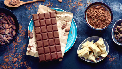 Cacao beans, powder, cacao butter  and chocolate bar