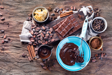 Cacao beans, powder, cacao butter,  chocolate bar and chocolate sauce