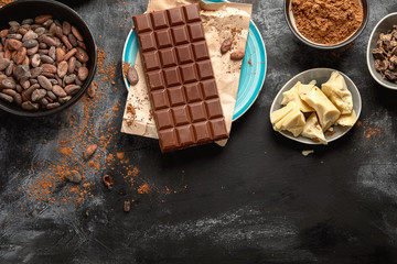 Cacao beans, powder, cacao butter  and chocolate bar