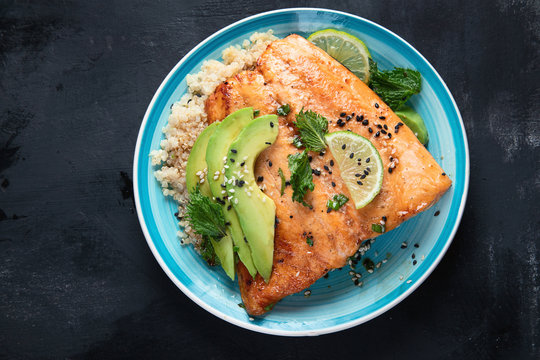 Grilled Salmon With Avocado, Quinoa And Sesame