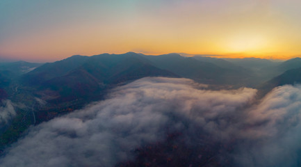Foggy Autumn Morning in the Carpathian Mountains. Amazing sunrise beauty of the forests. Toning effect