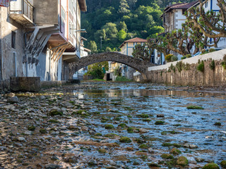 Inside a river in a village with a bridge in the background, in the Basque country in Spain