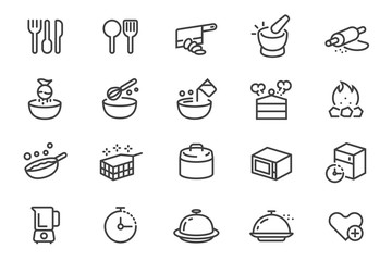 Different cooking with kitchenware in outline icon style.