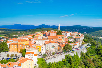 Fototapeta na wymiar Town of Labin in Istria, Croatia, old traditional houses and castle, view from drone