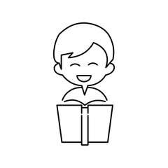 Concept of learning. Kid with a book. Outline thin line flat illustration. Isolated on white background. 