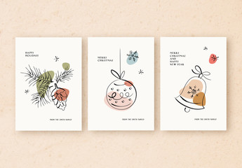 Holiday Card Layout Set with Minimalist Line Art Illustrations