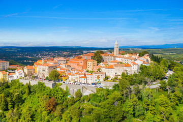 Fototapeta na wymiar Town of Labin in Istria, Croatia, old traditional houses and castle, view from drone