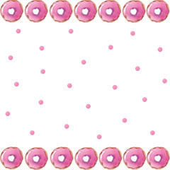 Background of pink watercolor stains and donuts on white. Use for invitations, menus, birthdays.