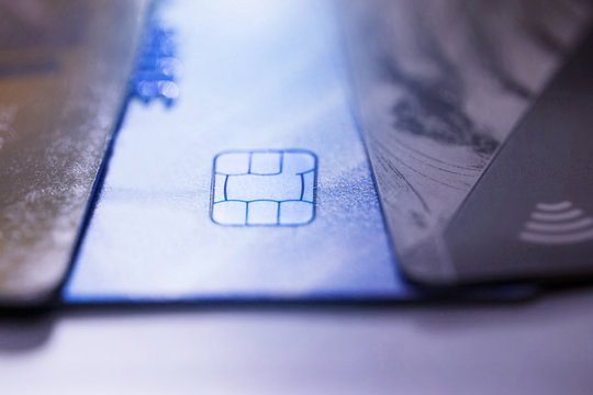 Electronic Contactless Credit Card With Selective Focus Microchip. Macro Of A Credit Card.