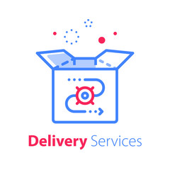 Shop order delivery, open box and location pin, receive postal parcel, pick up point