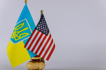 American flag and Ukrainian national flags. Symbol of American Ukrainian friendship