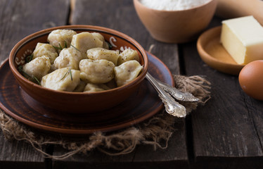 Dumplings stuffed with meat, ravioli, pierogi. Dumplings with stuffing. Russian cuisine.