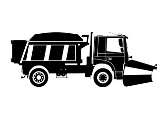 Snow plow. Silhouette of snow plough on a white background.Side view. Flat vector.