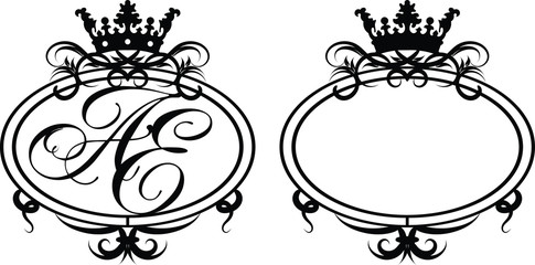 Luxury floral wedding coat of arms decoration. Elegant vector template. White background.  Black frame on isolated background.