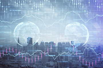 Forex graph on city view with skyscrapers background multi exposure. Financial analysis concept.