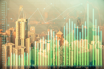 Obraz na płótnie Canvas Forex chart on cityscape with skyscrapers wallpaper double exposure. Financial research concept.