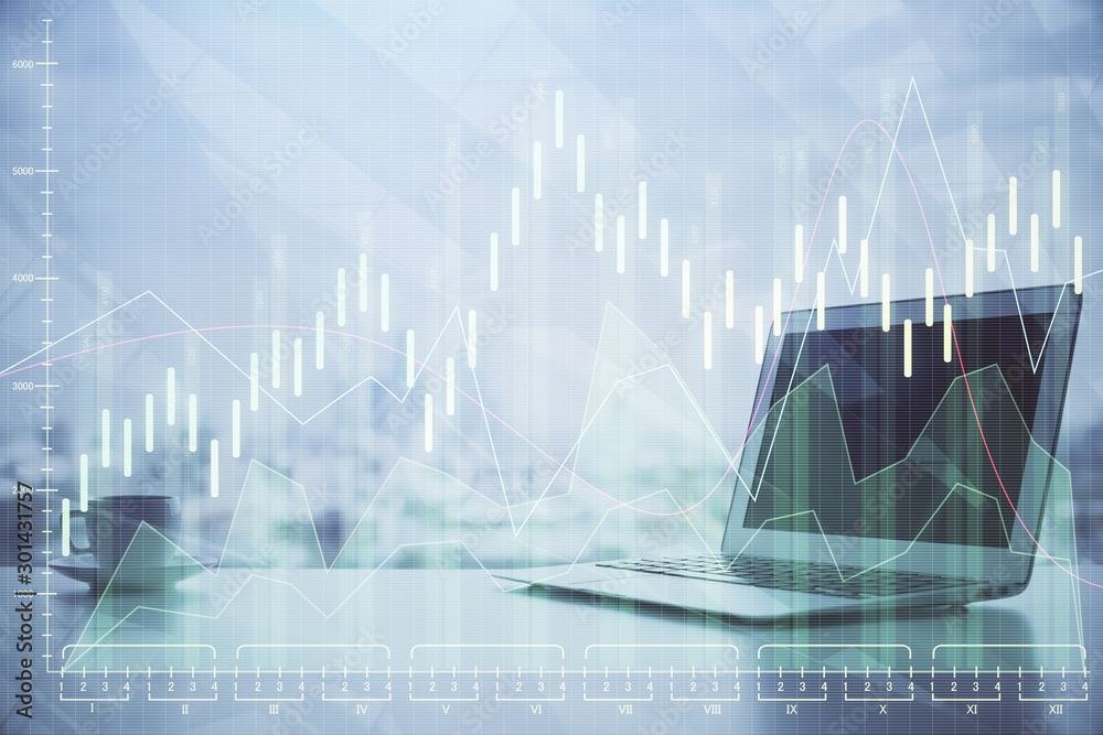 Poster double exposure of forex chart and work space with computer. concept of international online trading