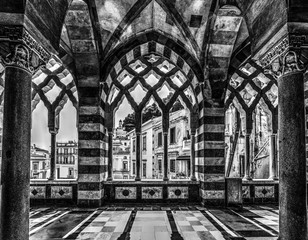 Interior view of Amalfi cathedral in black and white