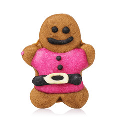 Christmas cookies in the shape of a man. Gingerbread with pink icing isolated on a white background
