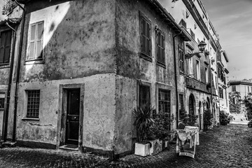 Picturesque streets in Trastevere in black and white
