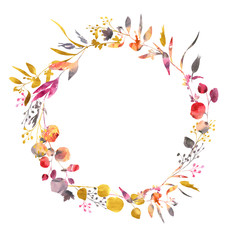 Watercolor wedding floral wreath with wild flowers. Red, yellow, watercolor flowers, twigs, leaves