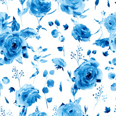 Gentle watercolor floral seamless pattern. Red, yellow, watercolor roses - flowers, twigs, leaves, buds.