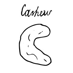 Hand painted nut on an isolated white background. Black contour cashews. Vector illustration.