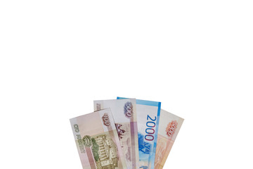 Russian money, one hundred rubles, one thousand rubles, two thousand rubles, five thousand rubles, background image, bills fan. Banknotes on a white background. Russian rouble