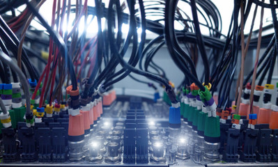Commutation Panel of Telecommunication Video Switcher  Broadcast Technical Room of TV Channel. 