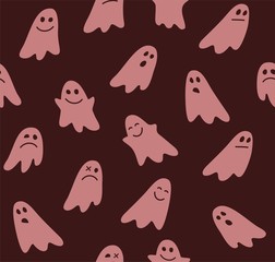 Ghosts, seamless pattern, brown, vector. Colored, flat background. Vector picture. Pink images on a brown field.  