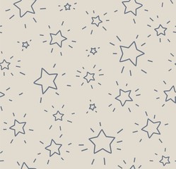 Asterisks small, seamless pattern, flat, gray, vector. Contour, shining stars with rays on the gray field. Imitation of a freehand drawing.  