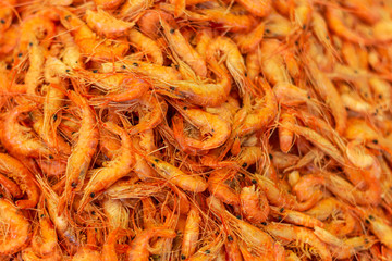 Countless fresh shrimp in vibrant colors. Fresh marine food.