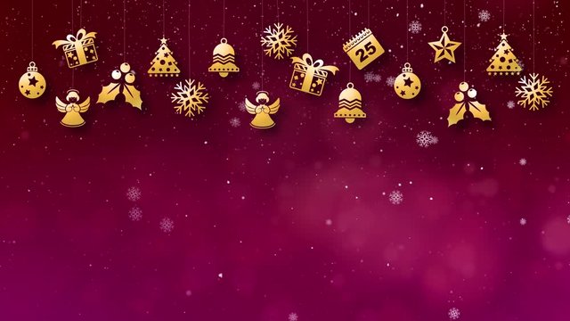 A Christmas and New Year animation with drop down graphic icons associated with seasonal winter holiday landscape with snow falls and snowdrifts theme background