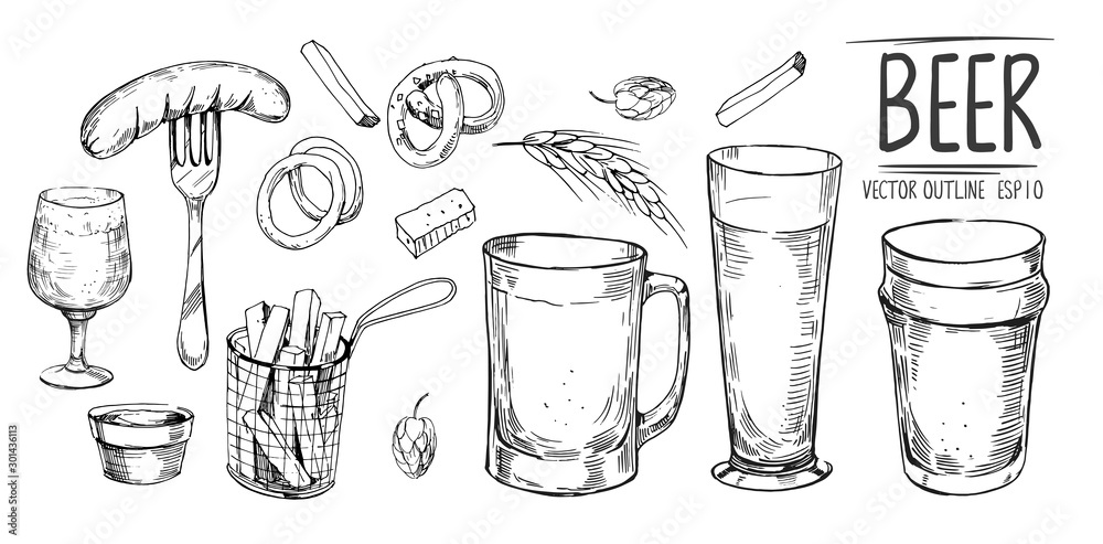 Wall mural Beer glass and snacks. Hand drawn sketch converted to vector. Isolated on white background