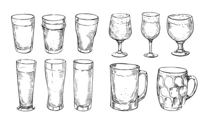 Types of beer glasses. Pints, mugs, stemmed, pilsner. Hand drawn illustration converted to vector