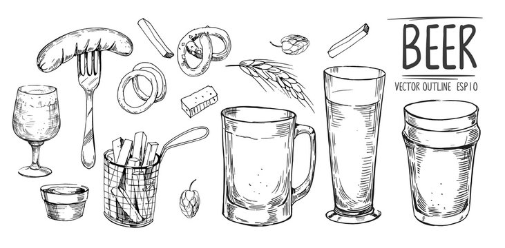 Beer glass and snacks. Hand drawn sketch converted to vector. Isolated on white background