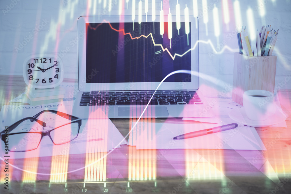 Wall mural stock market graph and table with computer background. double exposure. concept of financial analysi