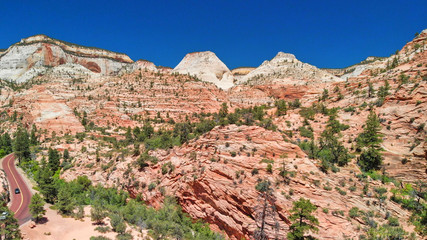 Fototapeta premium The inside of Zion Canyon National Park, seen from drone in summer season.