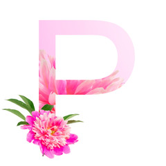 Capital letter P decorated with a pink flower. Peony