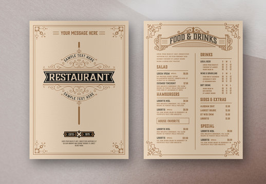 Restaurant Menu Layout with Ornamental Elements 