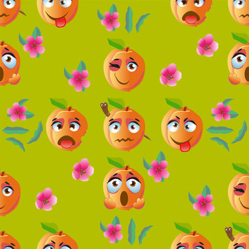 Cute seamless pattern with cartoon emoji peaches